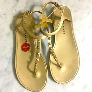 Katy Perry Womens Gold Jelly Sandal T-Strap Thong Gold Studded Lined Buckle 10